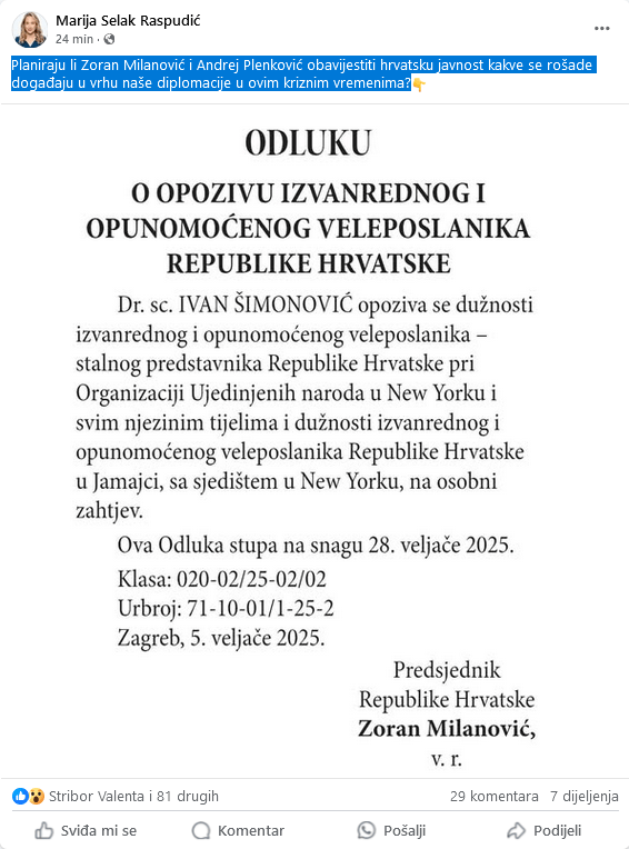 Saborska zastupnica sumnja: Milanović i Plenković nešto kuhaju u tajnosti. Zašto je smijenjen jedan poznati diplomat, fotografija